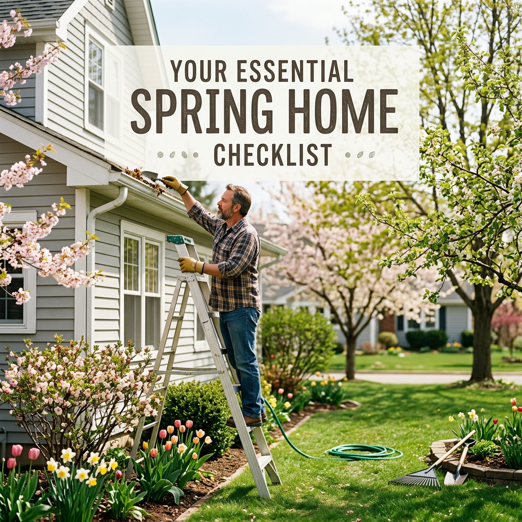 Man on ladder cleaning house gutters surrounded by spring flowers and trees