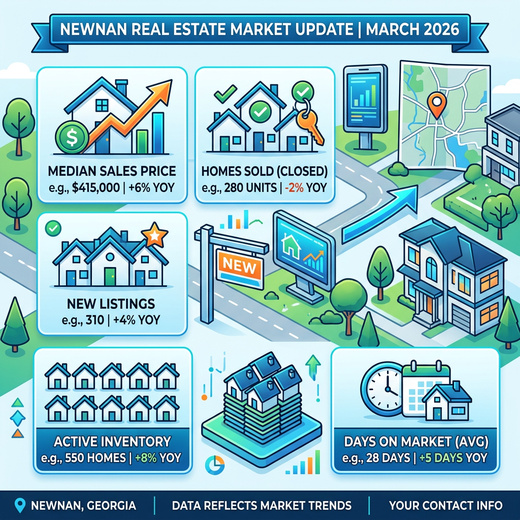 Newnan real estate market update with median sales price, homes sold, new listings, active inventory, and average days on market