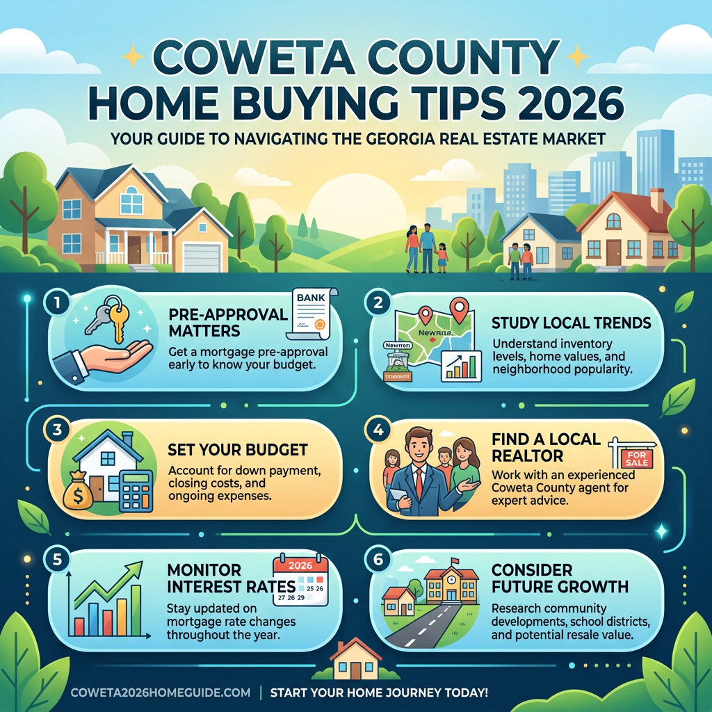 Infographic with six home buying tips for Coweta County in 2026 including pre-approval, local trends, budgeting, realtor, interest rates, and future growth.