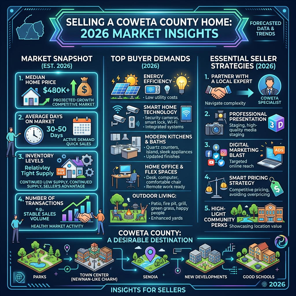 2026 Coweta County home market snapshot, buyer demands, and seller strategies infographic