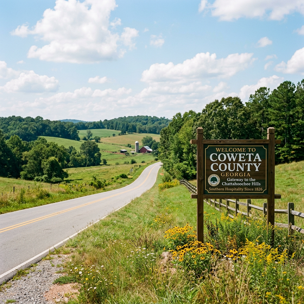 Roadside welcome sign for Coweta County Georgia with flowering plants and countryside road