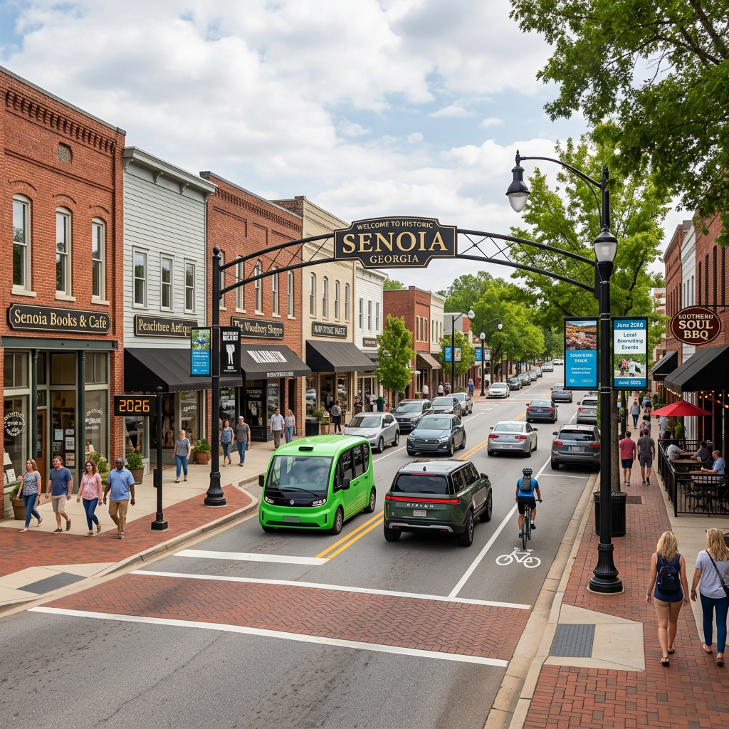 Downtown Senoia street with brick storefronts, people walking on sidewalks, cars and a cyclist on the road, and a large welcome sign overhead