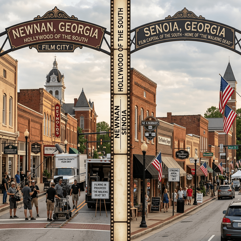 Film crew filming The Walking Dead on Main Street in Newnan and Senoia, Georgia