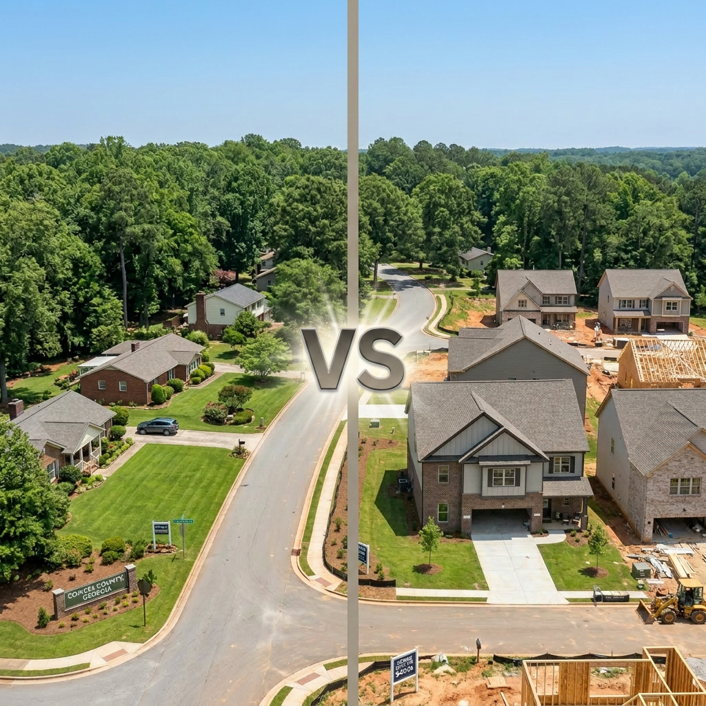 New homes under construction in Vintage Preserve and established houses on a tree-lined street in Shenandoah Woods