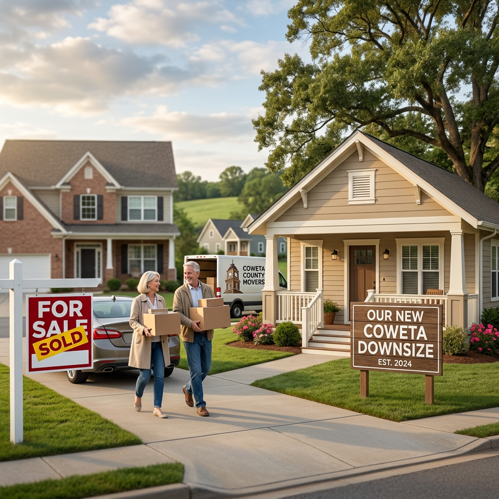 Senior couple carrying moving boxes outside a small beige house with a sign that says Our New Coweta Downsize Est. 2024