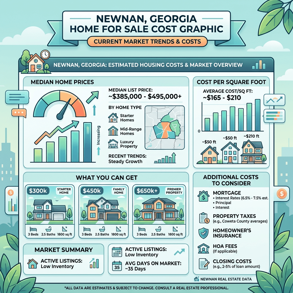 Infographic showing Newnan Georgia median home prices, costs per square foot, types of homes, market summary, and additional home buying costs.