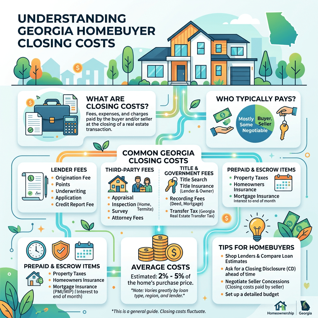 Infographic detailing Georgia homebuyer closing costs including lender fees, third-party fees, title fees, prepaid items, and buyer tips