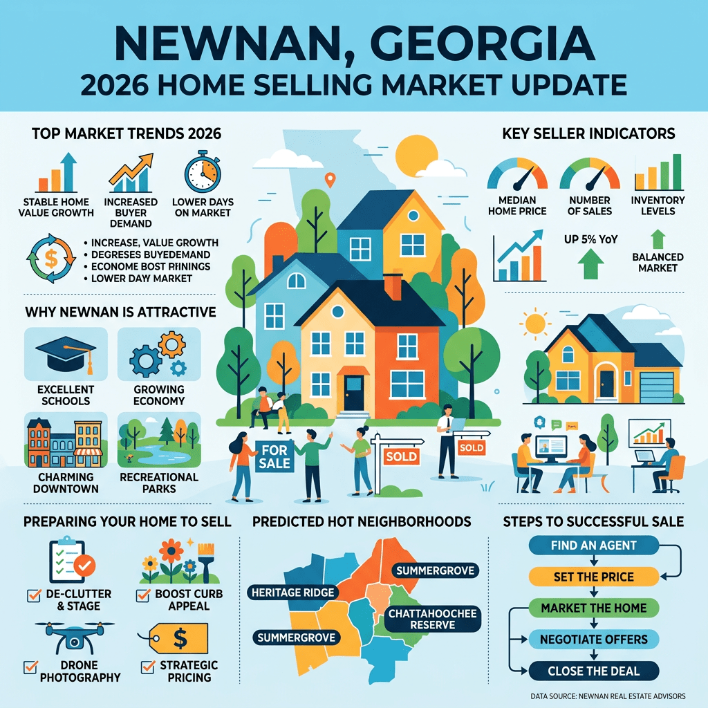 Infographic summarizing Newnan Georgia home selling market trends, key indicators, attractive features, preparation tips, predicted neighborhoods, and sale steps for 2026.