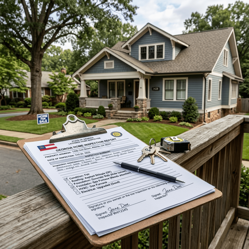 Home inspection report on clipboard with keys and pen in front of a house for sale