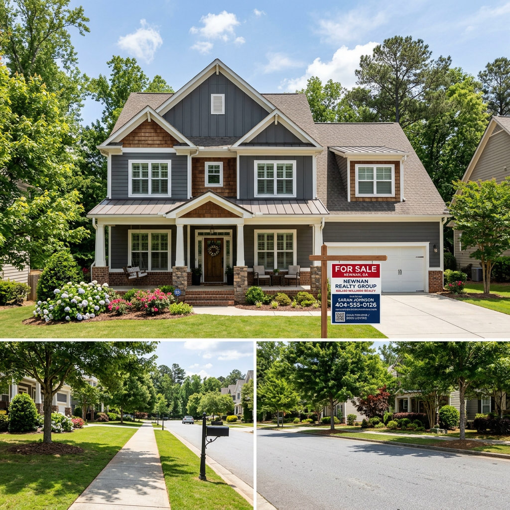 Two-story suburban house with gray siding, white trim, front porch, and for sale sign in yard