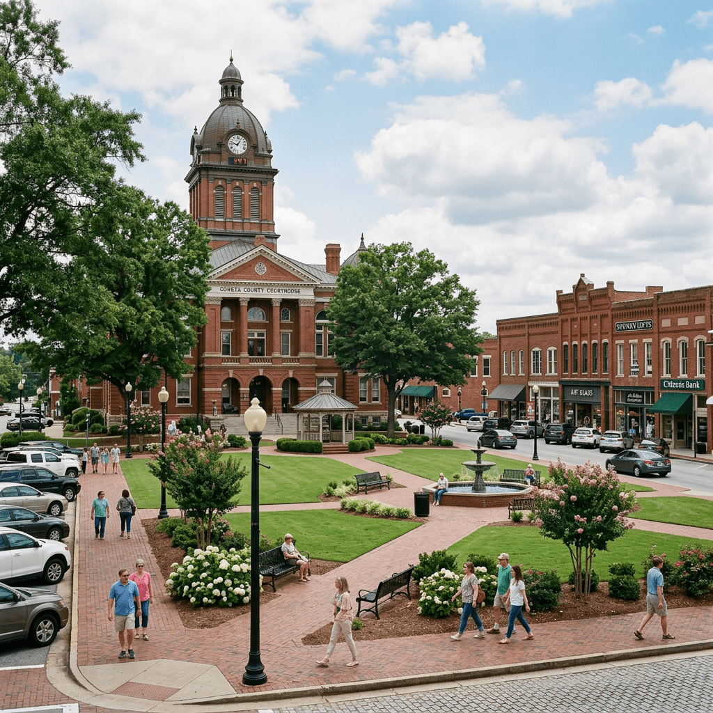 Courthouse square with red brick buildings, green lawns, and people walking