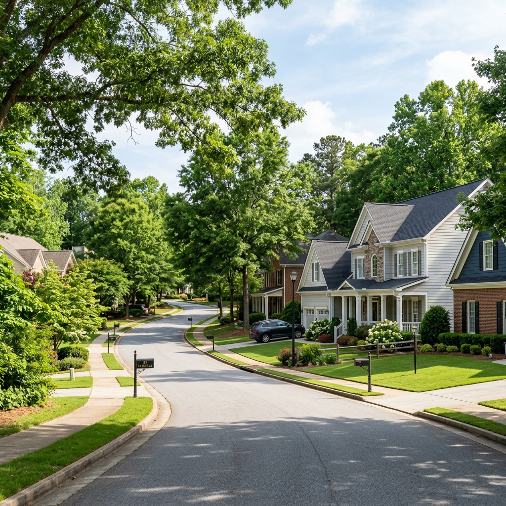 Suburban street with houses, trees, sidewalks, and parked car