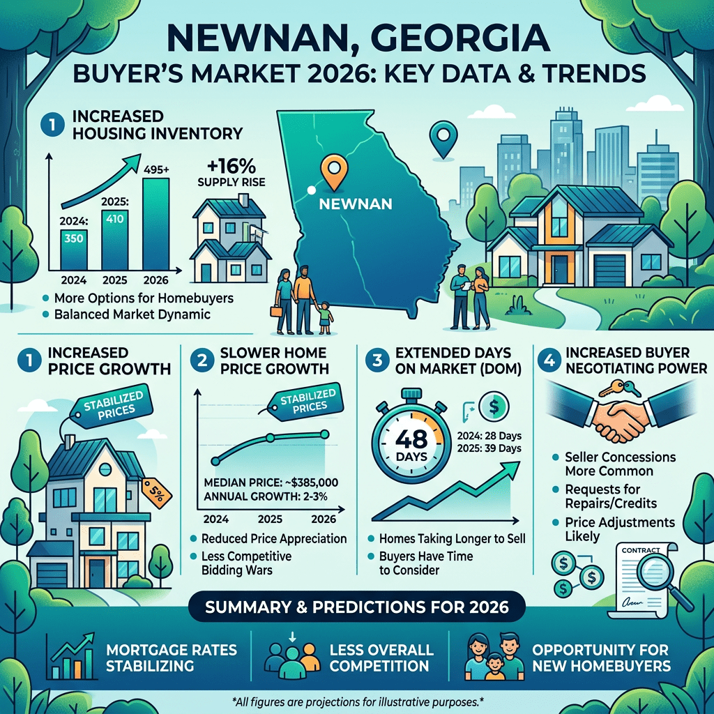 Infographic showing Newnan, Georgia housing market data with graphs on inventory, price growth, days on market, and buyer negotiating power