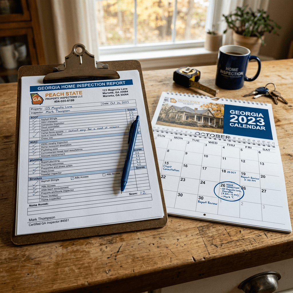 Georgia home inspection report with detailed checklist and pen next to a 2023 calendar showing dates and notes