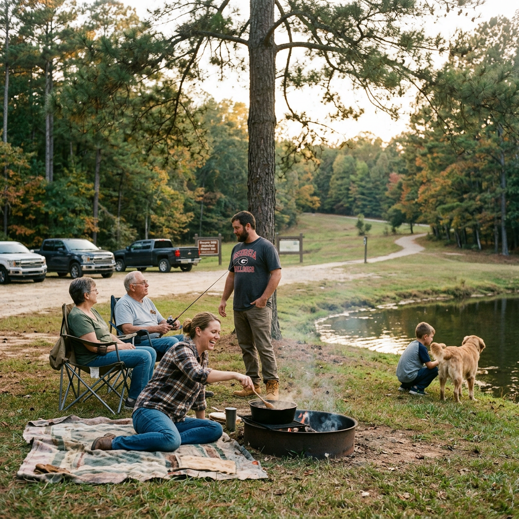 Family camping by lake cooking on fire, fishing, and playing with dog