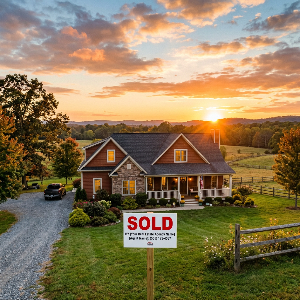 Country house with sold sign in front and setting sun