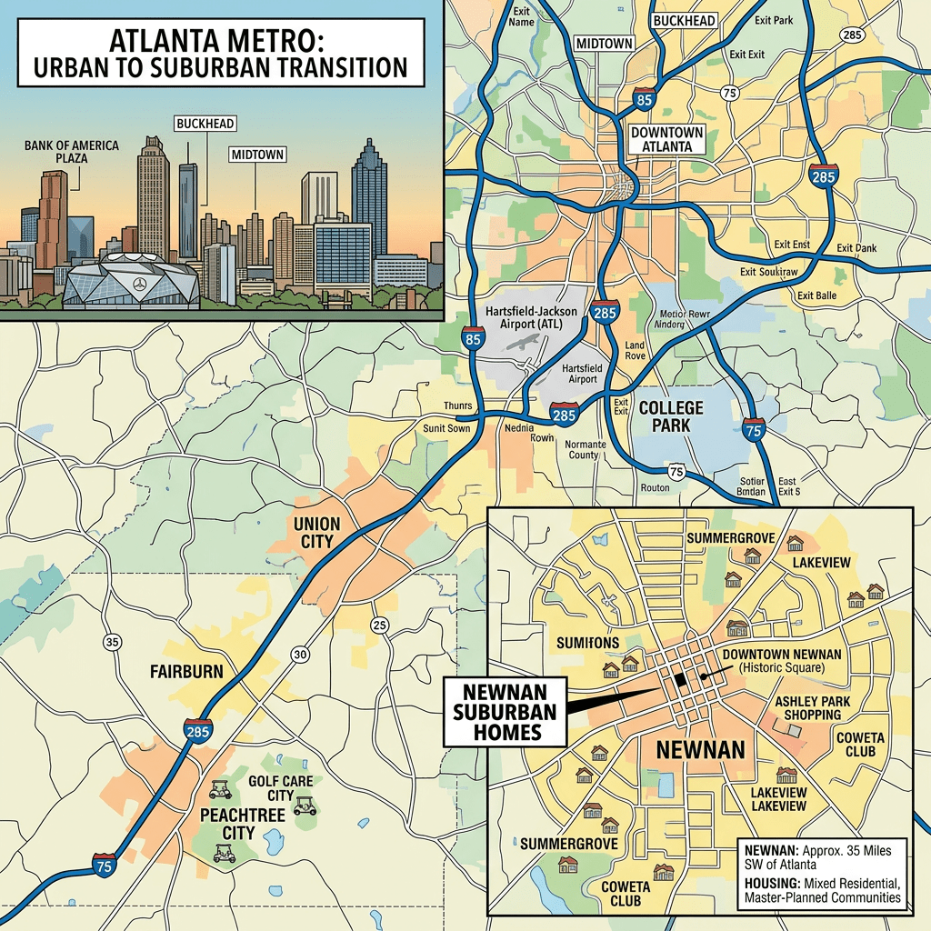 Map illustrating Atlanta metro area, key suburbs, highways, and detailed inset of Newnan suburban neighborhoods
