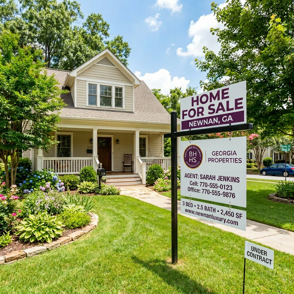 Charming beige house with front porch and garden, home for sale sign in front yard