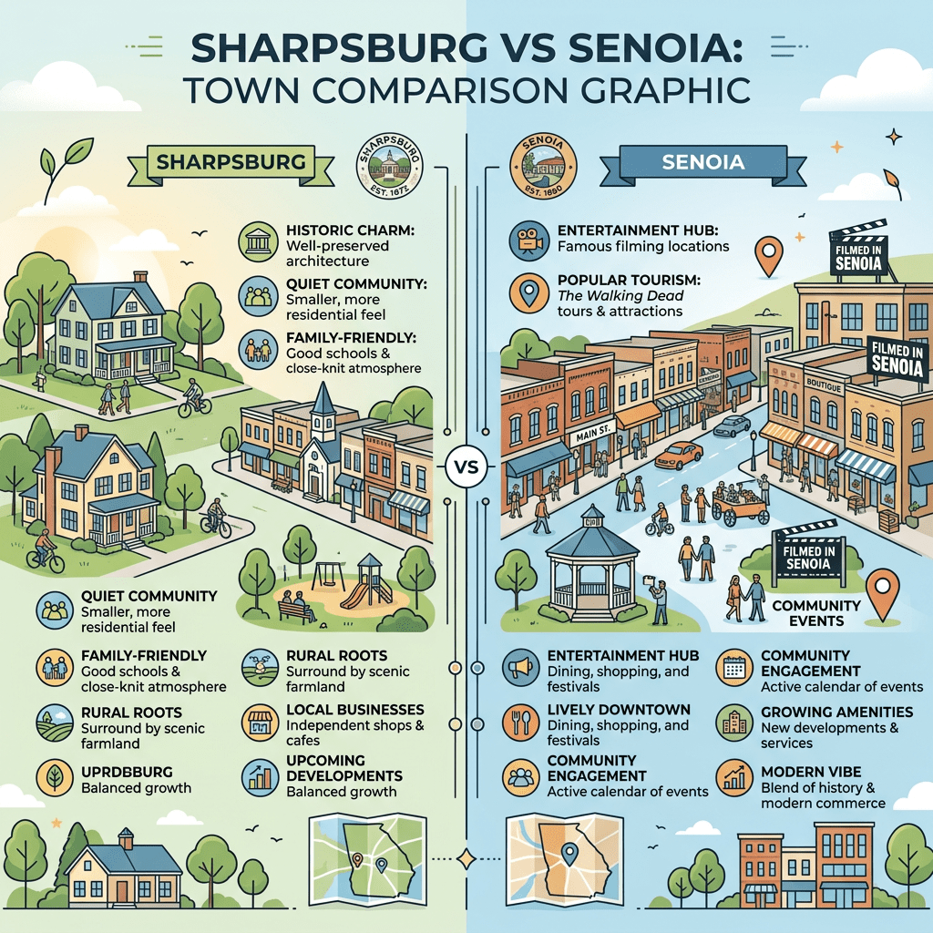 Comparison infographic contrasting Sharpsburg’s historic charm and quiet community with Senoia’s entertainment hub and lively downtown