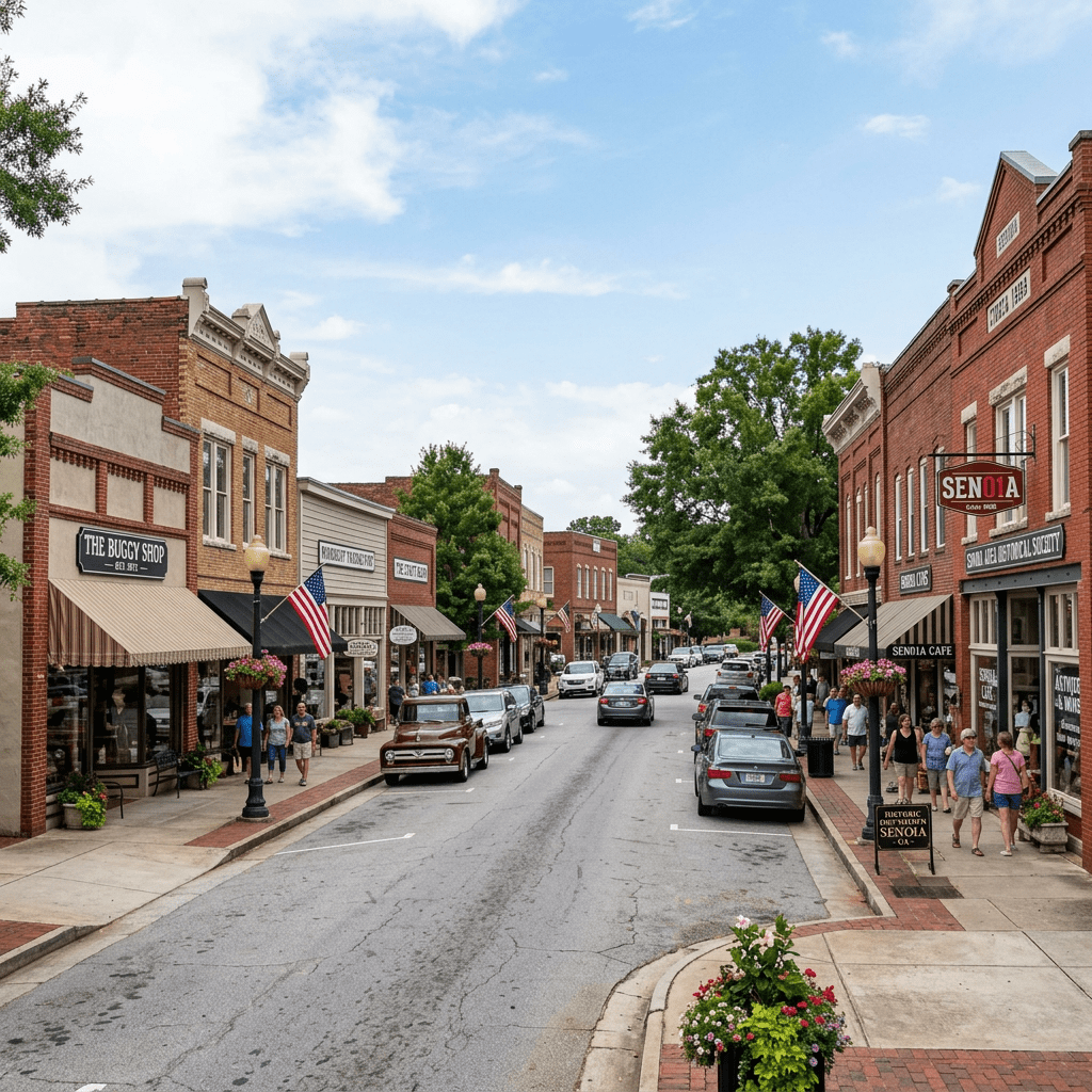 Main street of a small town with brick storefronts, American flags, parked cars, and pedestrians