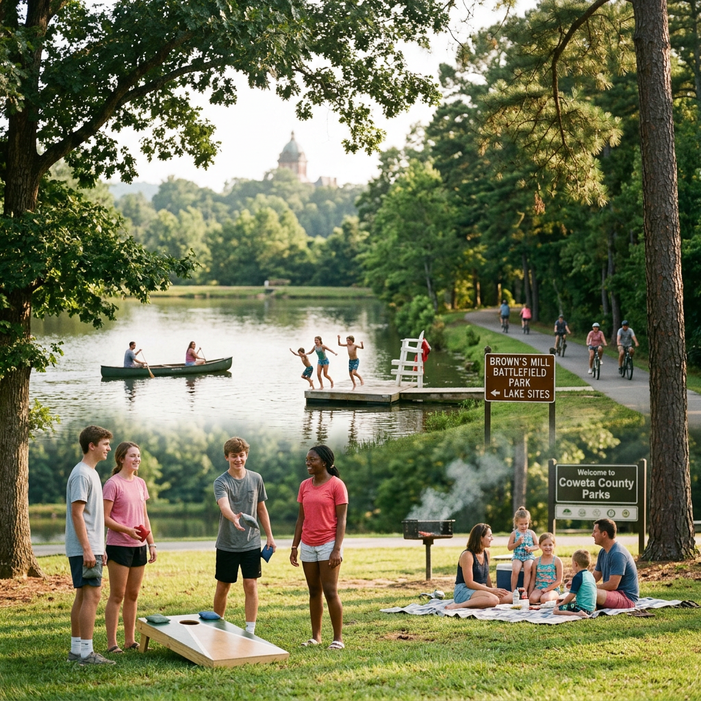 Group playing cornhole, kayakers on lake, children jumping into water, families cycling and picnicking in park