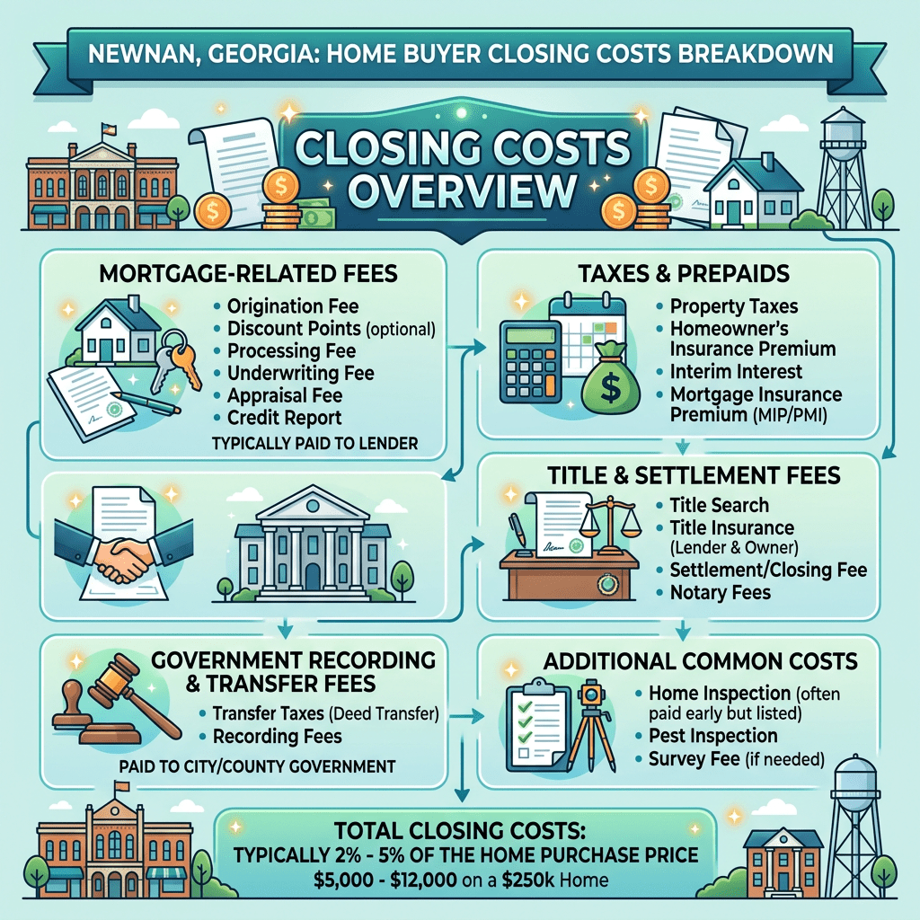 Breakdown of mortgage-related fees, taxes and prepaids, title and settlement fees, government recording fees, and additional common costs for home buyers in Newnan, Georgia.
